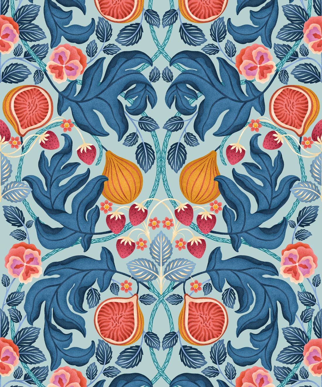 Figs & Strawberries Wallpaper, Powder Blue & Ochre