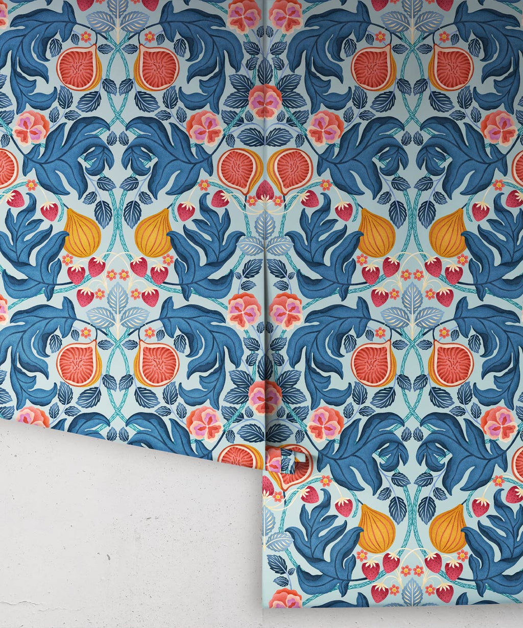 Figs & Strawberries Wallpaper, Powder Blue & Ochre