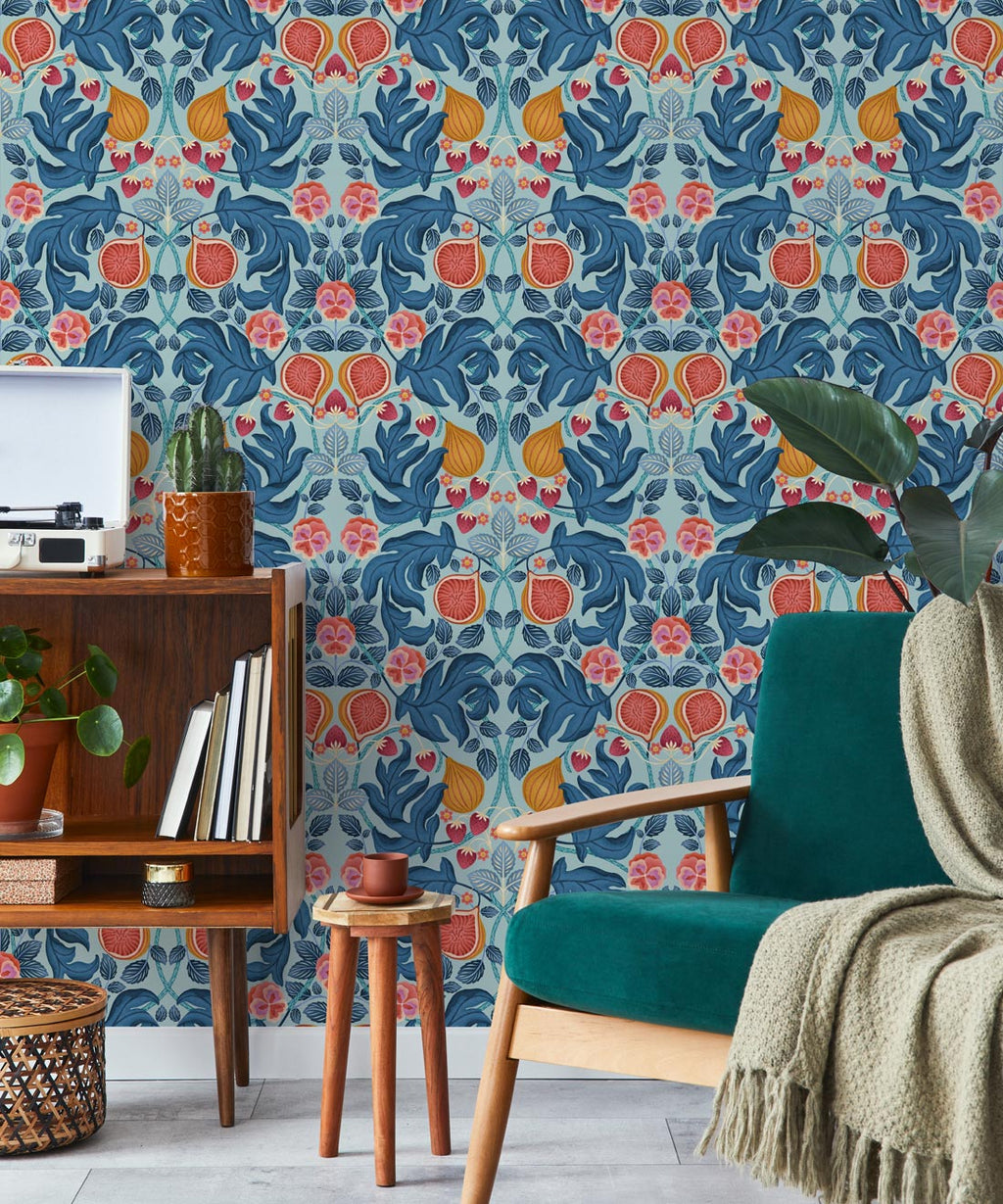Figs & Strawberries Wallpaper, Powder Blue & Ochre
