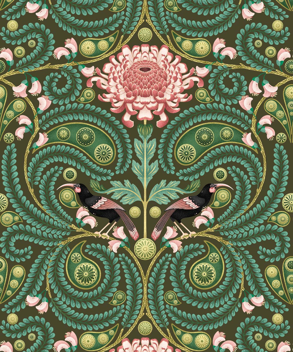 Huia & Chrysanthemum Wallpaper, Khaki Green