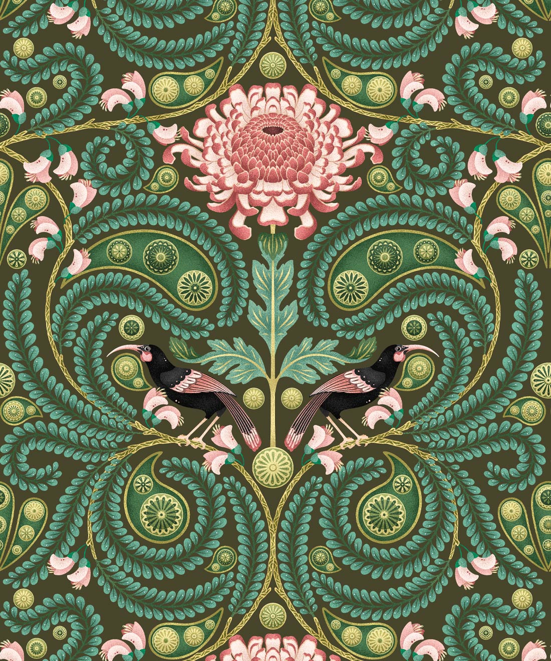 Huia & Chrysanthemum Wallpaper, Khaki Green