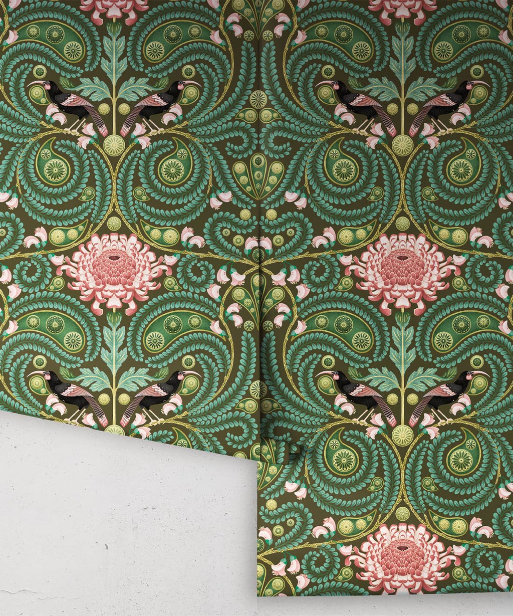 Huia & Chrysanthemum Wallpaper, Khaki Green