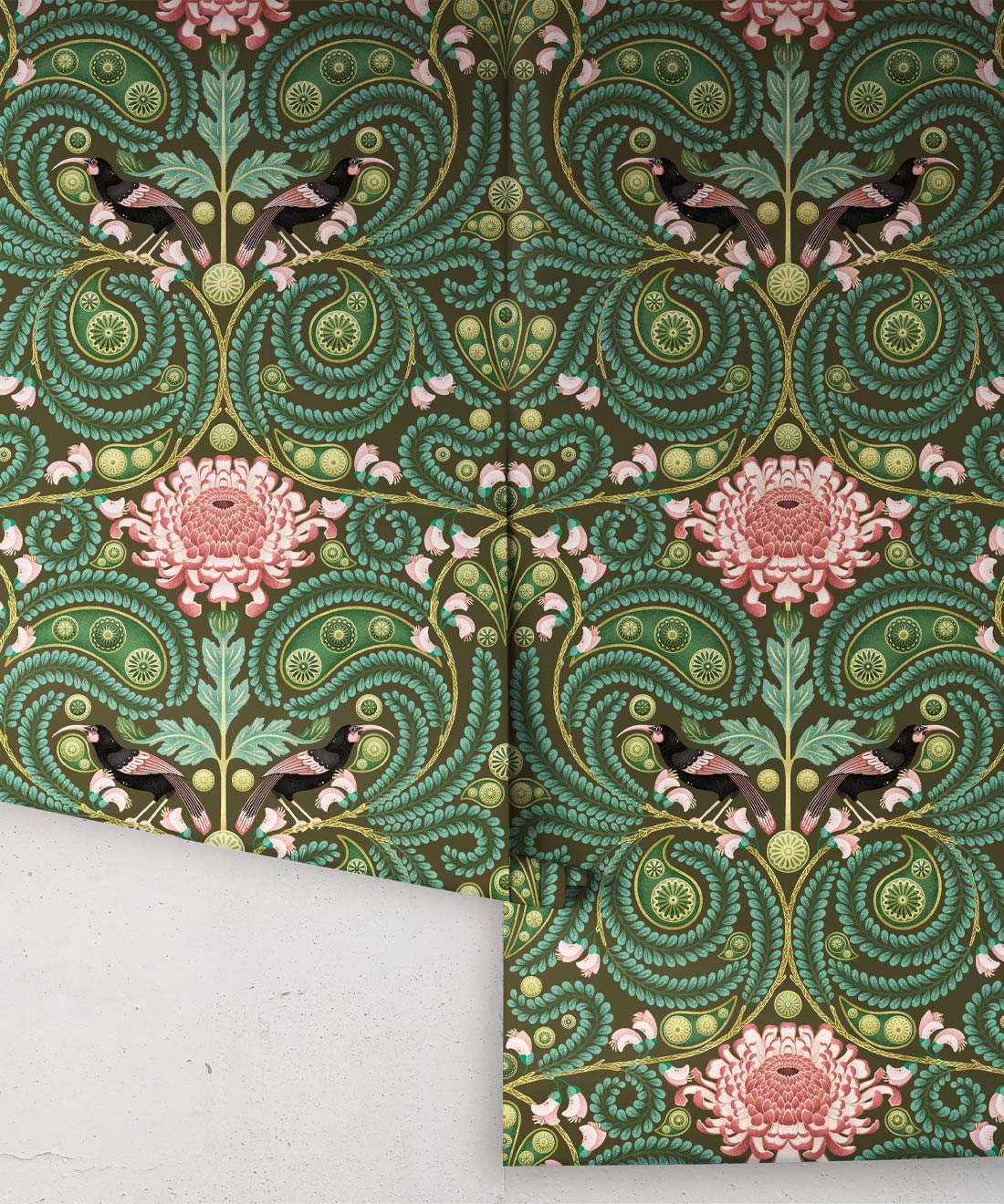 Huia & Chrysanthemum Wallpaper, Khaki Green