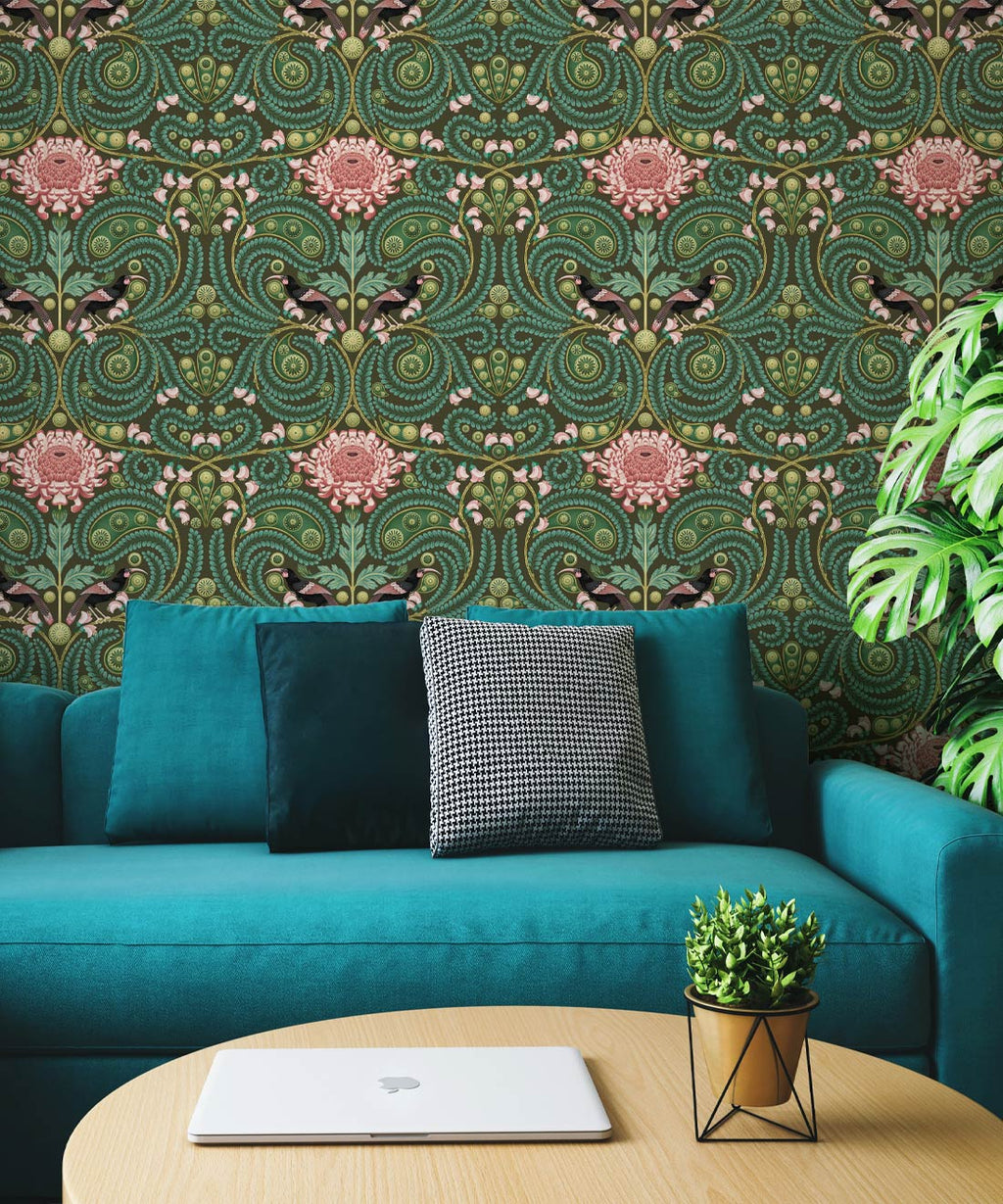 Huia & Chrysanthemum Wallpaper, Khaki Green