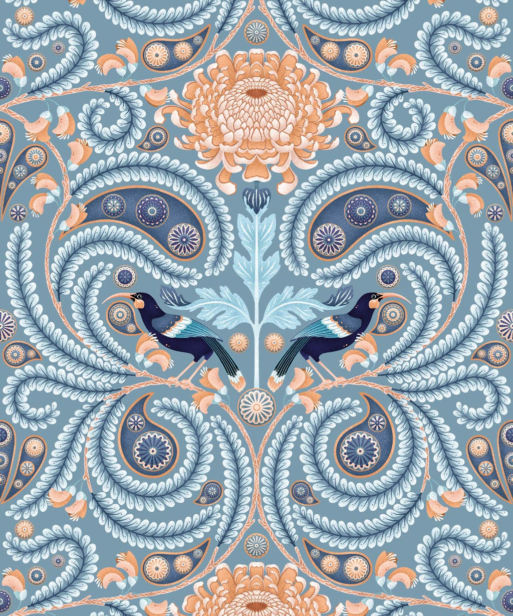 Huia & Chrysanthemum Wallpaper, Slate Blue