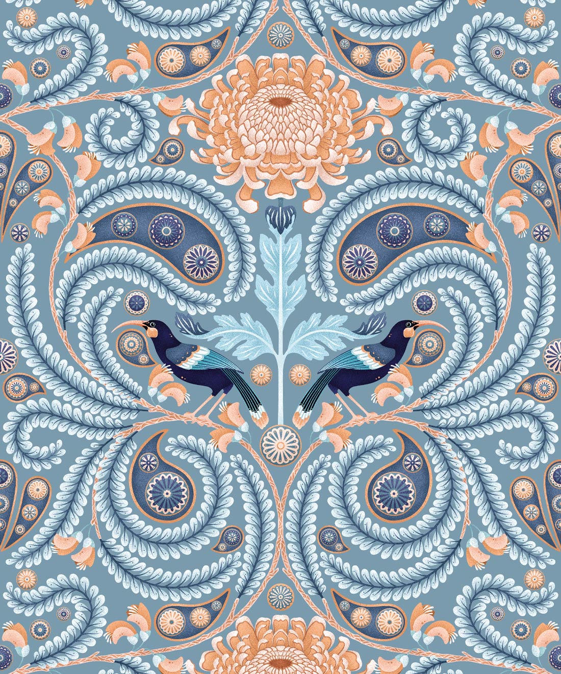 Huia & Chrysanthemum Wallpaper, Slate Blue