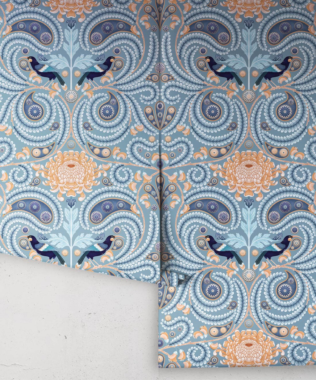 Huia & Chrysanthemum Wallpaper, Slate Blue