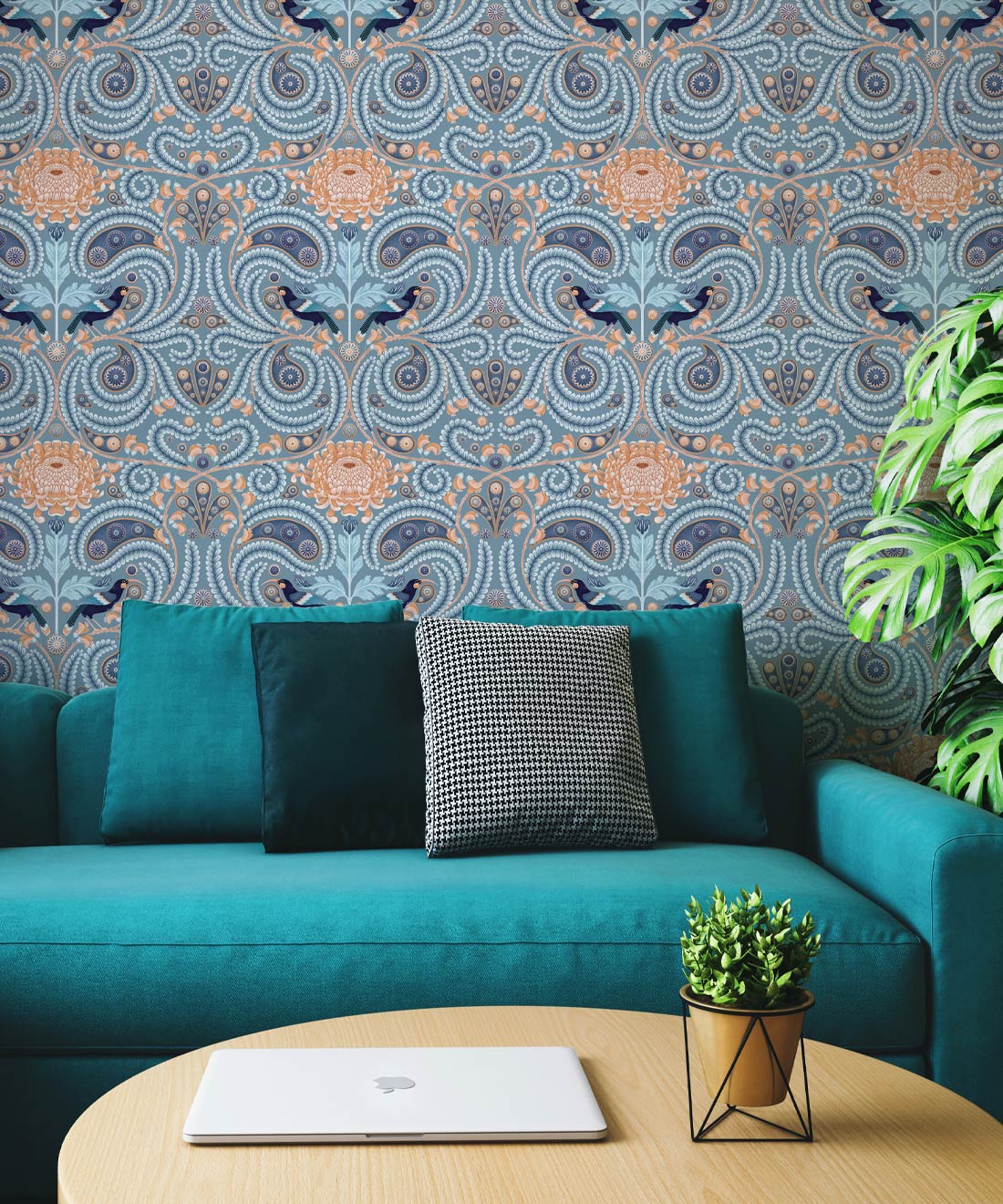 Huia & Chrysanthemum Wallpaper, Slate Blue