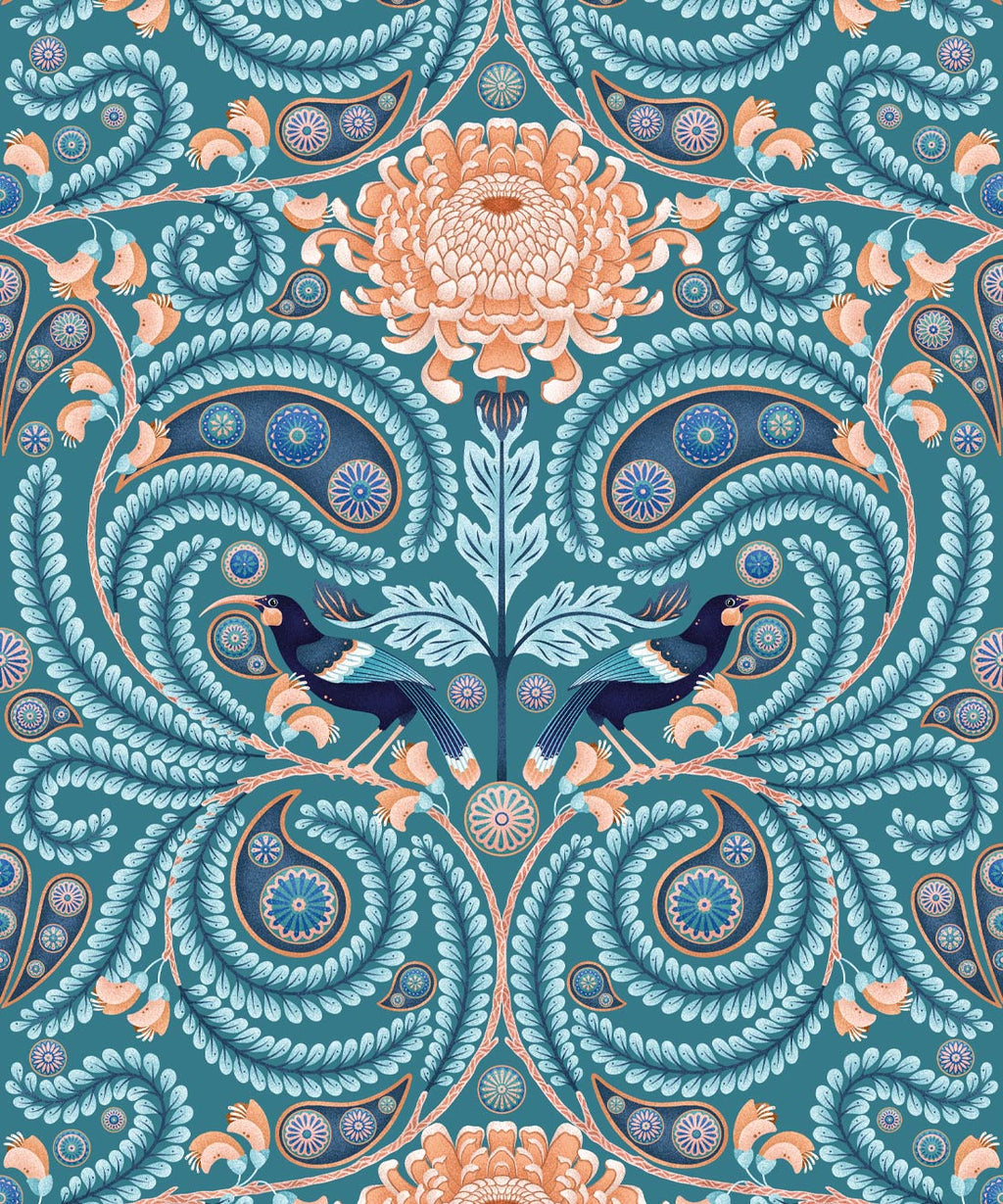 Huia & Chrysanthemum Wallpaper, Teal