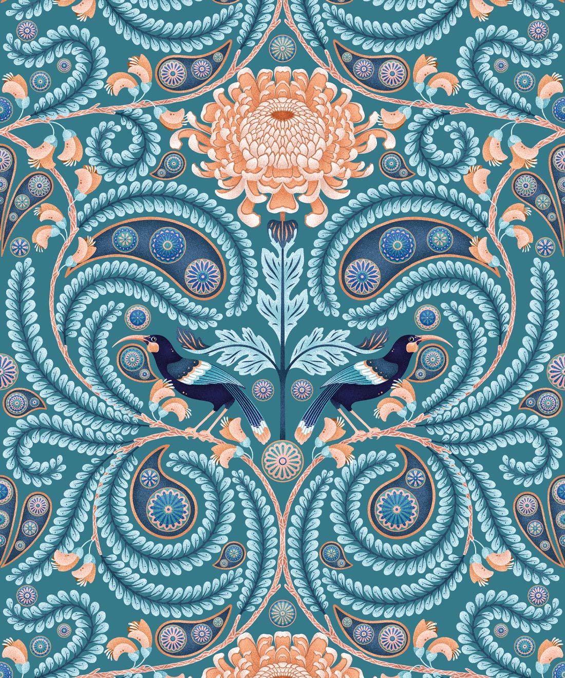 Huia & Chrysanthemum Wallpaper, Teal