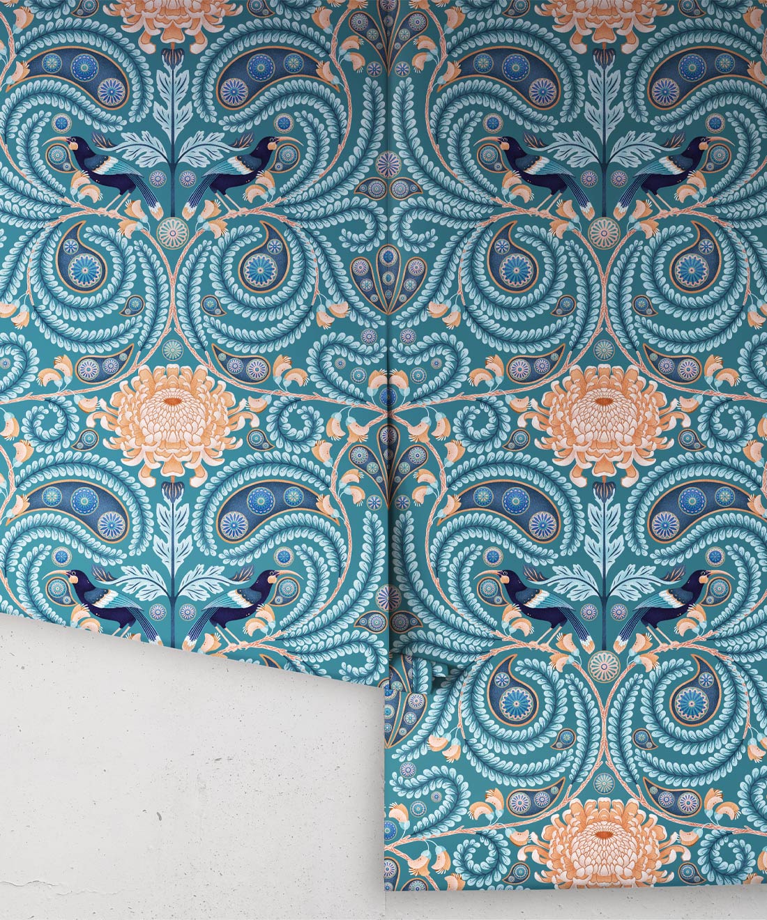 Huia & Chrysanthemum Wallpaper, Teal