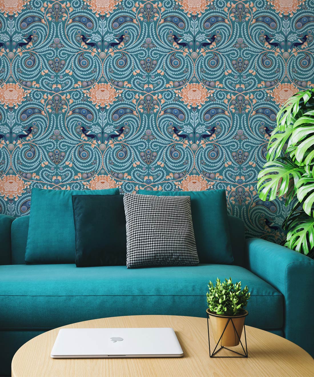 Huia & Chrysanthemum Wallpaper, Teal