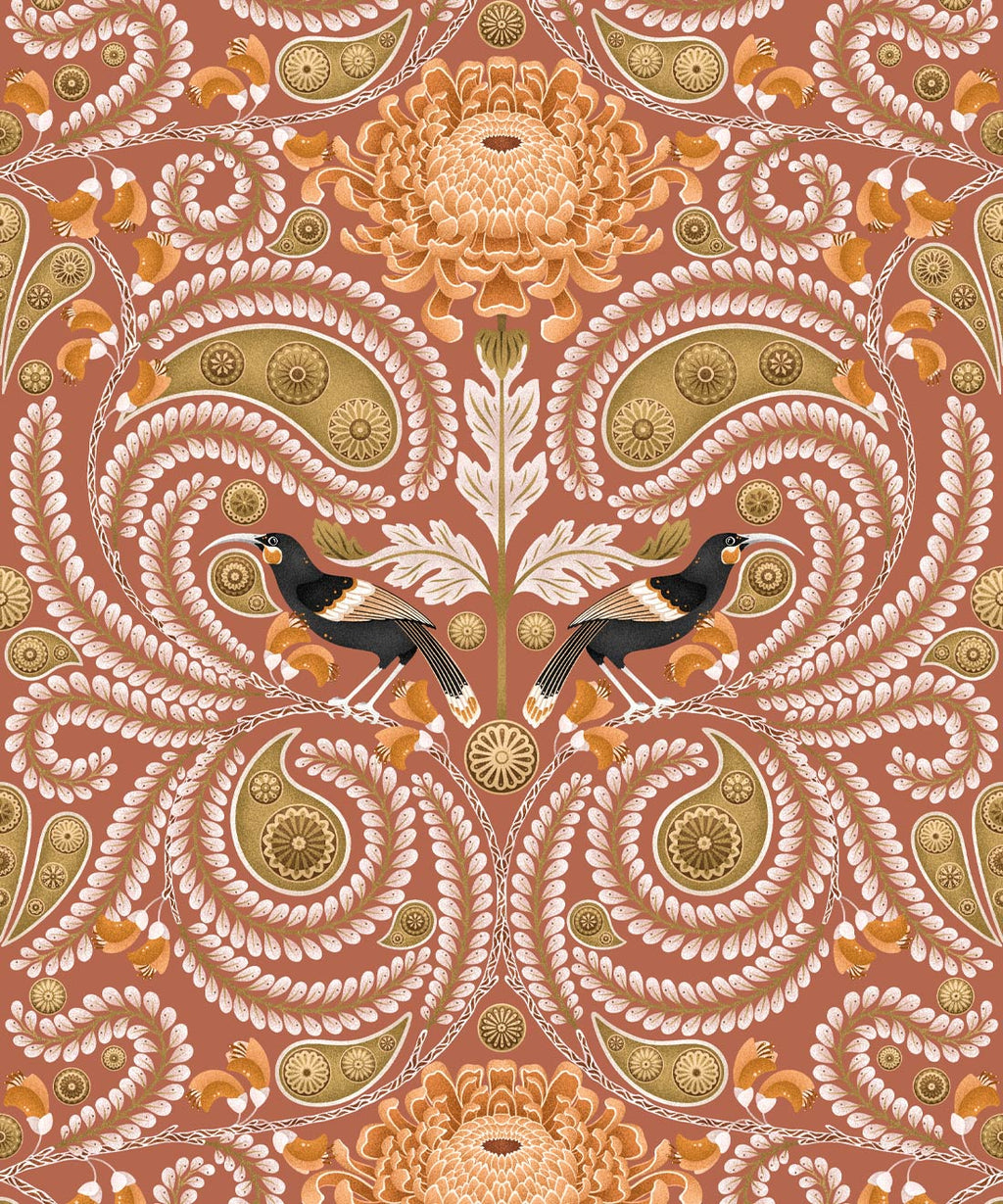 Huia & Chrysanthemum Wallpaper, Terracotta