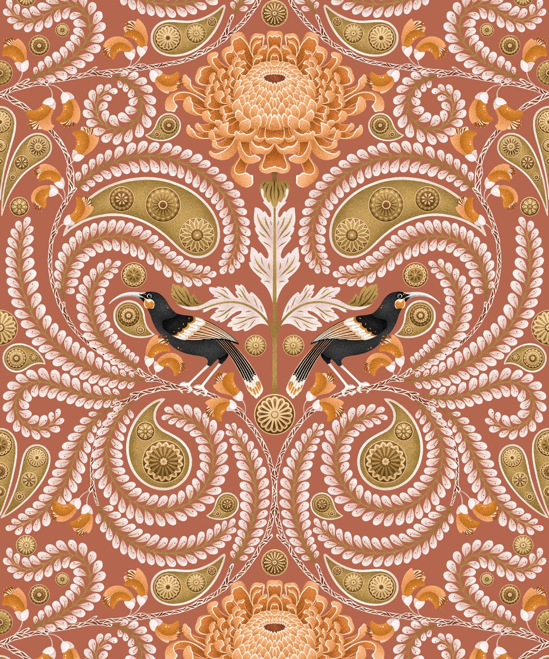 Huia & Chrysanthemum Wallpaper, Terracotta