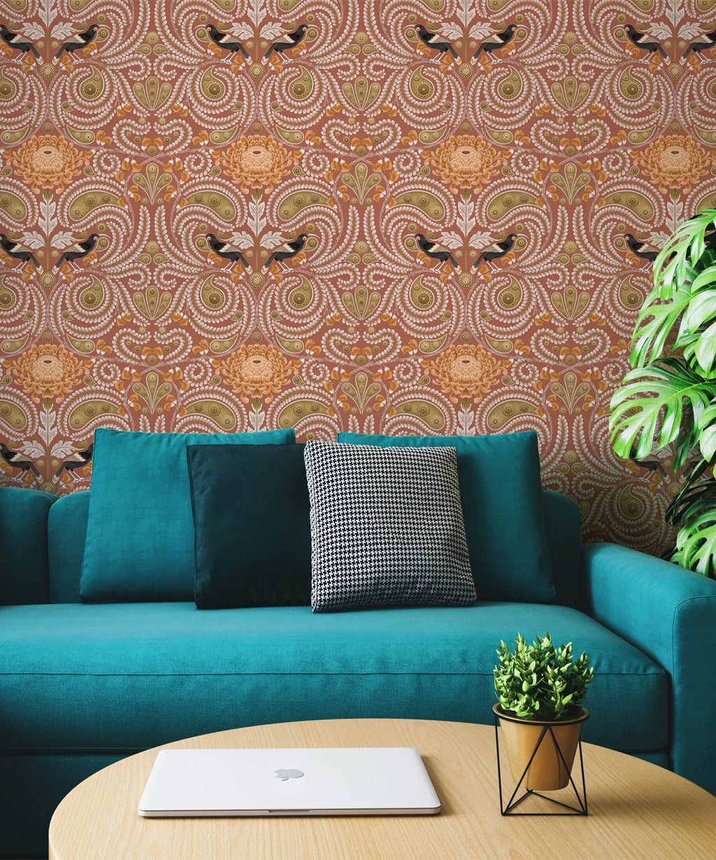 Huia & Chrysanthemum Wallpaper, Terracotta
