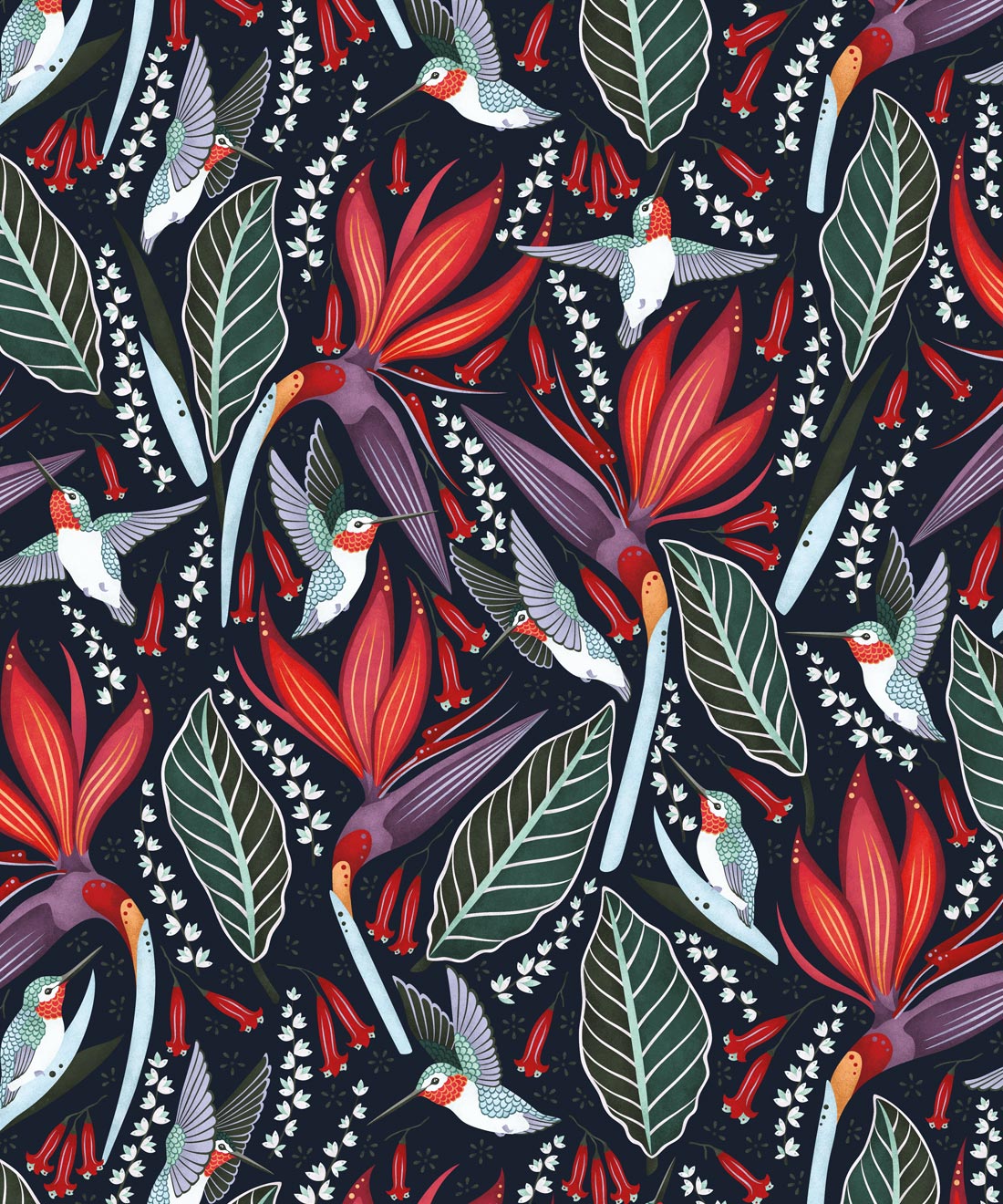 Hummingbirds Wallpaper, Black Cherry