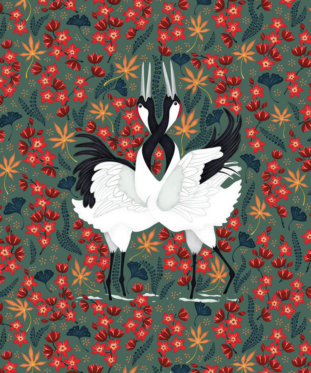 Japanese Cranes Wallpaper, Green