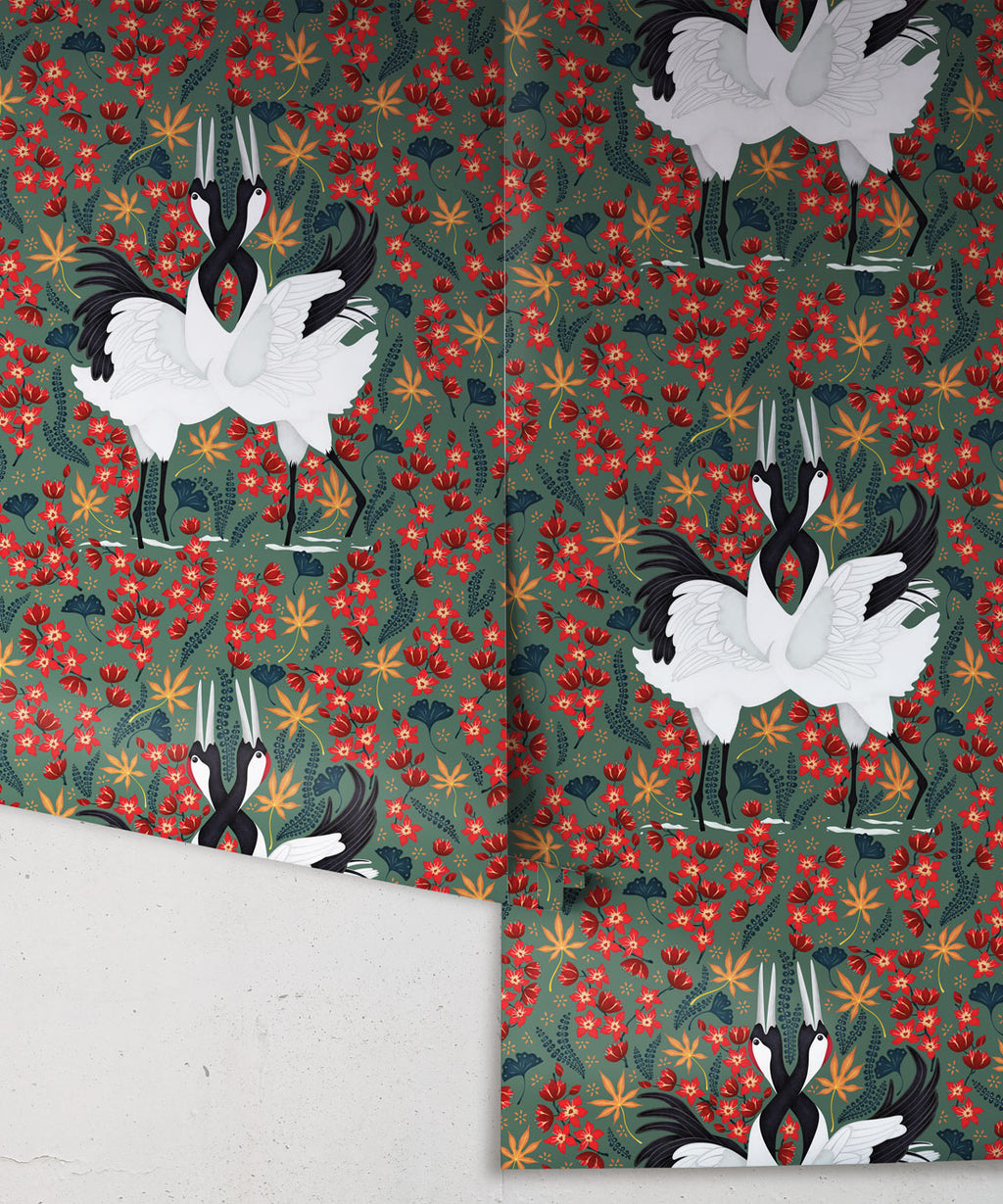 Japanese Cranes Wallpaper, Green