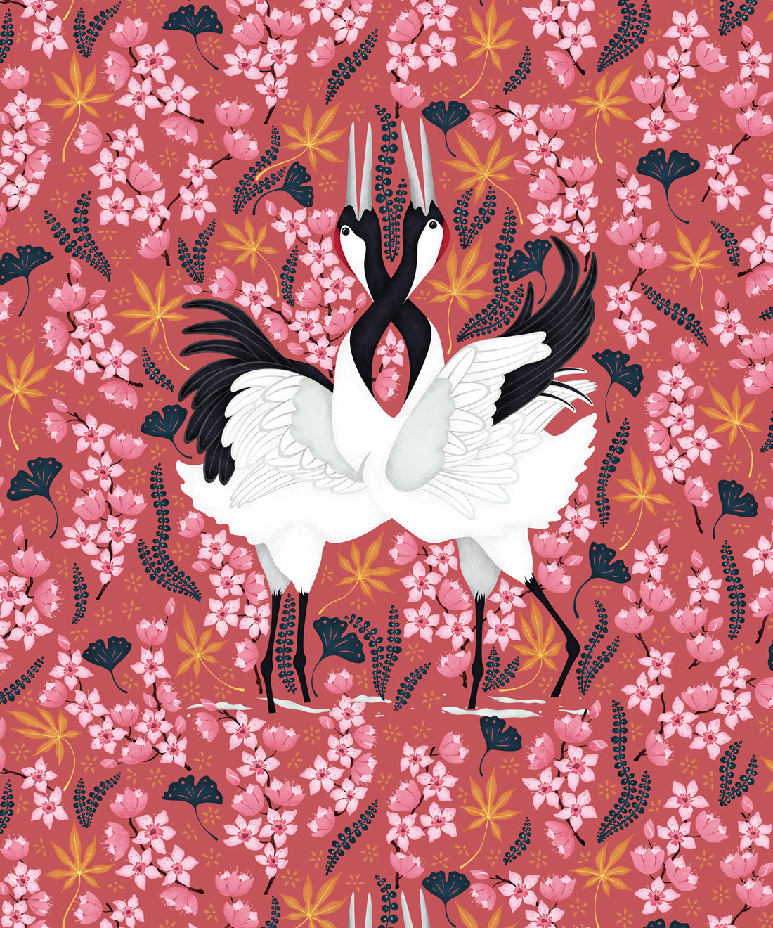Japanese Cranes Wallpaper, Pink