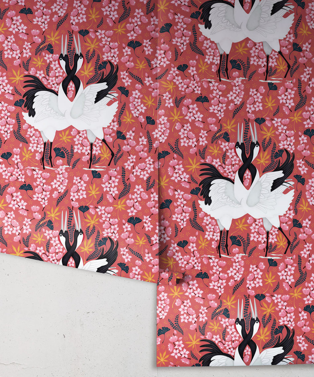Japanese Cranes Wallpaper, Pink