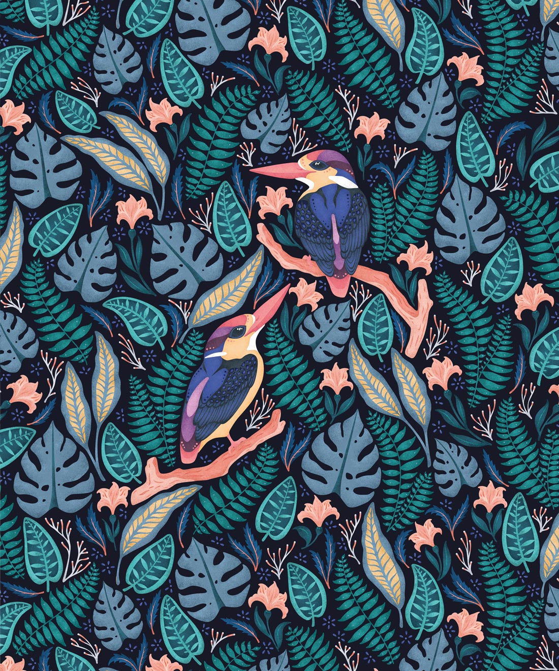 Exotic Kingfishers Wallpaper, Dark