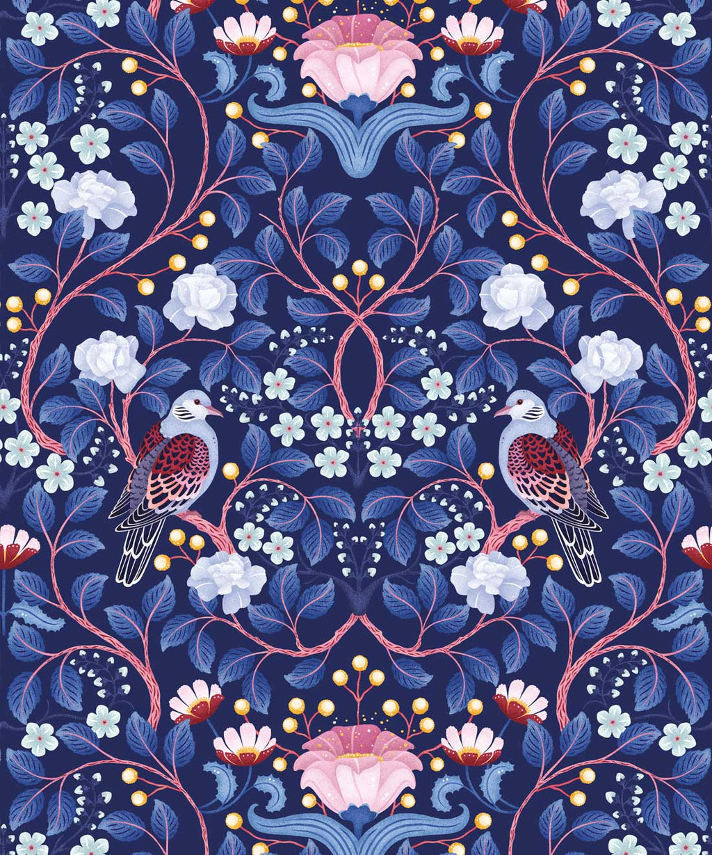 Turtle Doves Wallpaper, Blueberry