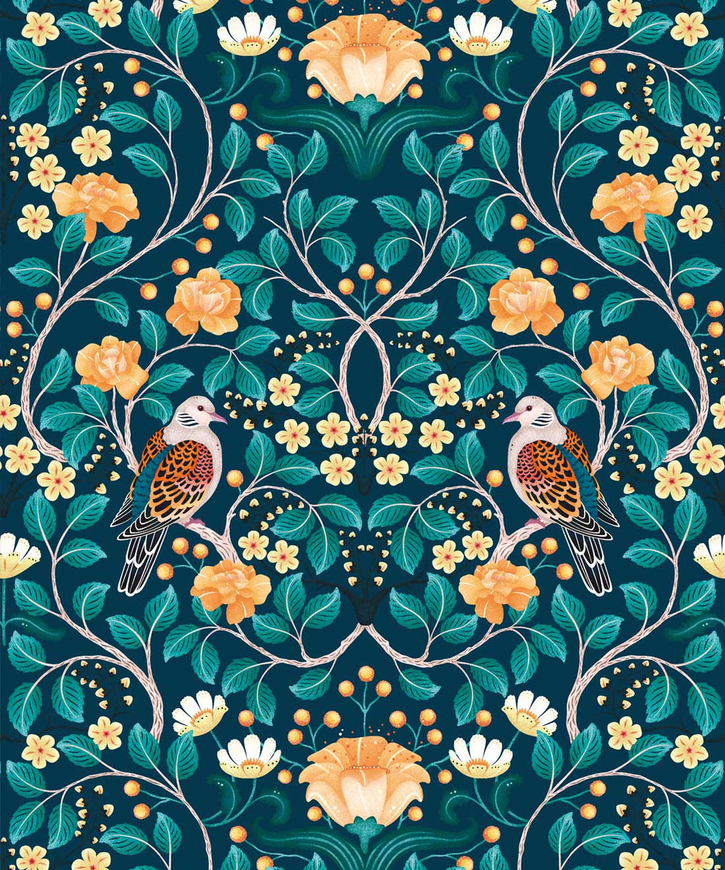 Turtle Doves Wallpaper, Emerald