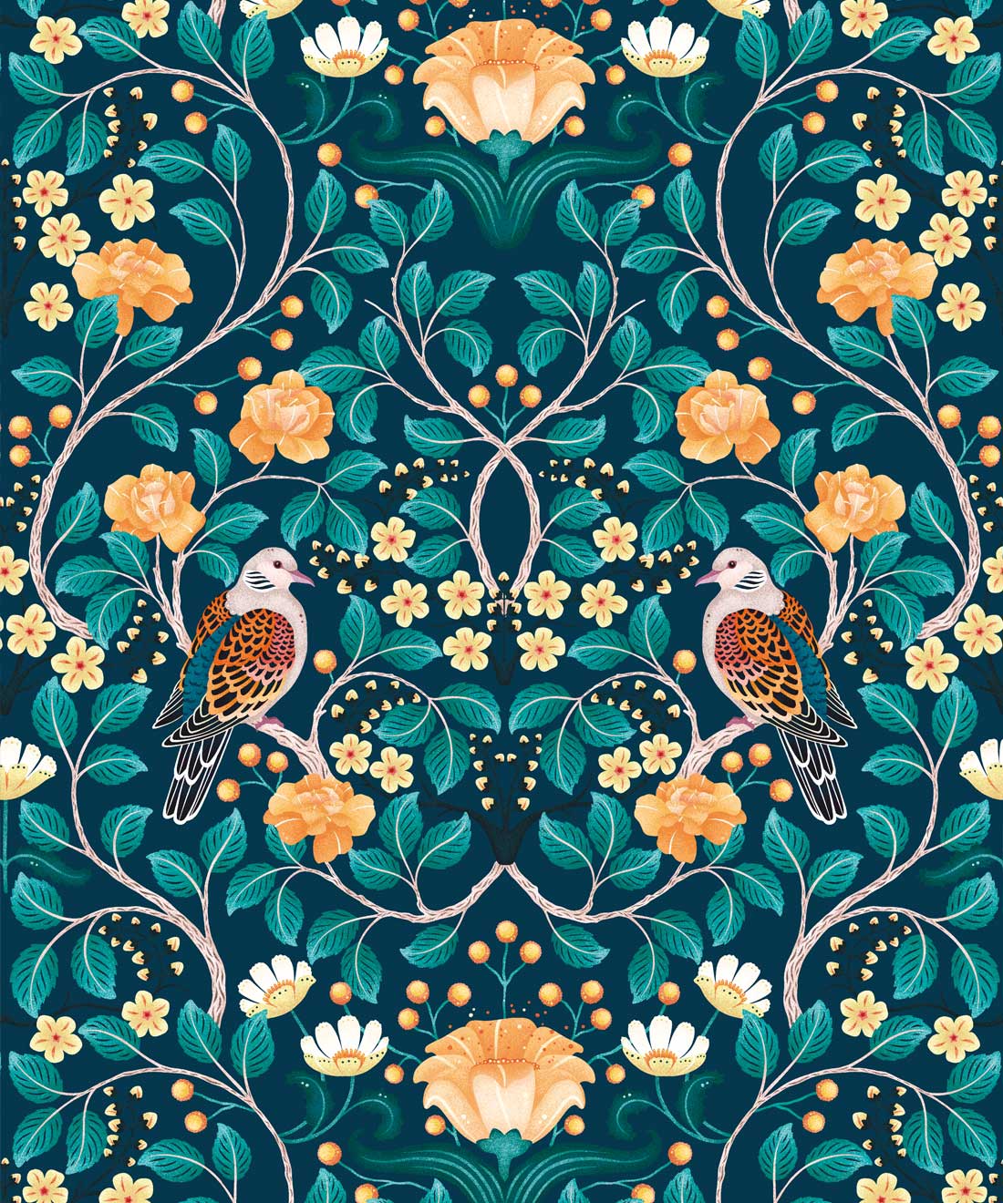 Turtle Doves Wallpaper, Emerald