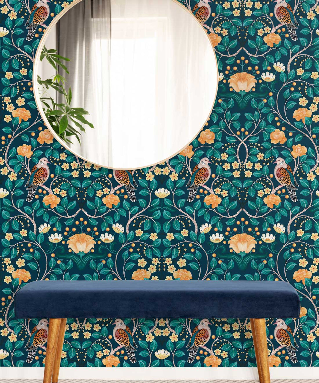 Turtle Doves Wallpaper, Emerald