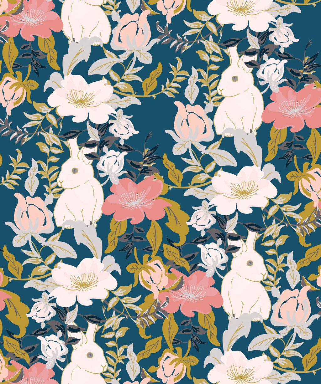 Garden Bunny Wallpaper, Deep Teal