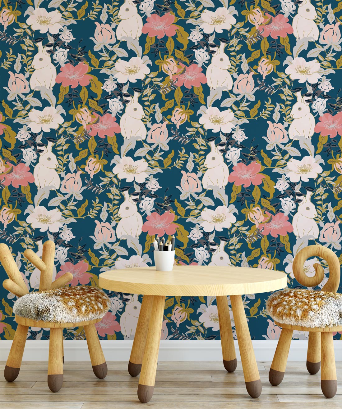 Garden Bunny Wallpaper, Deep Teal