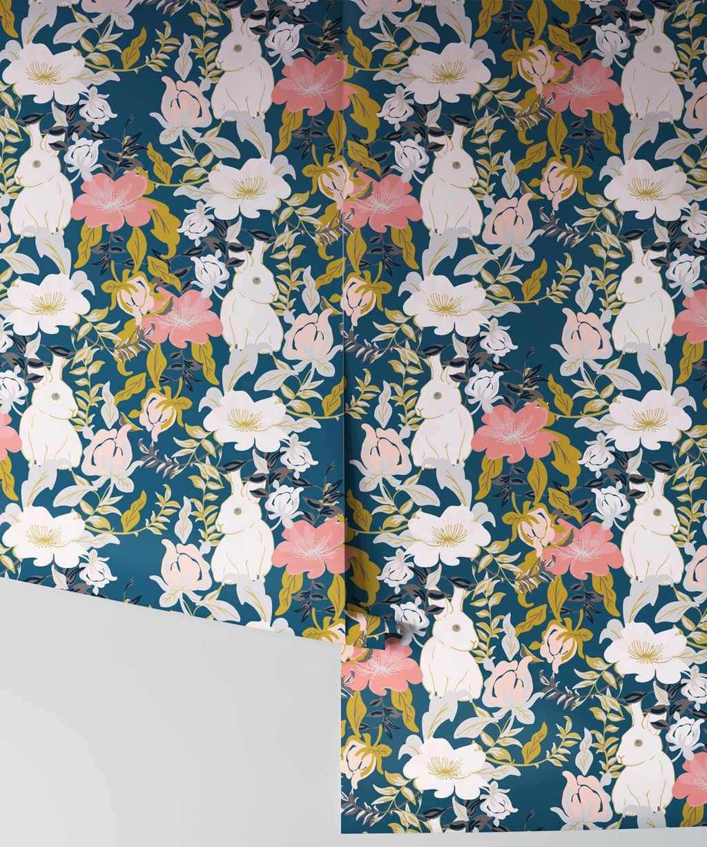 Garden Bunny Wallpaper, Deep Teal