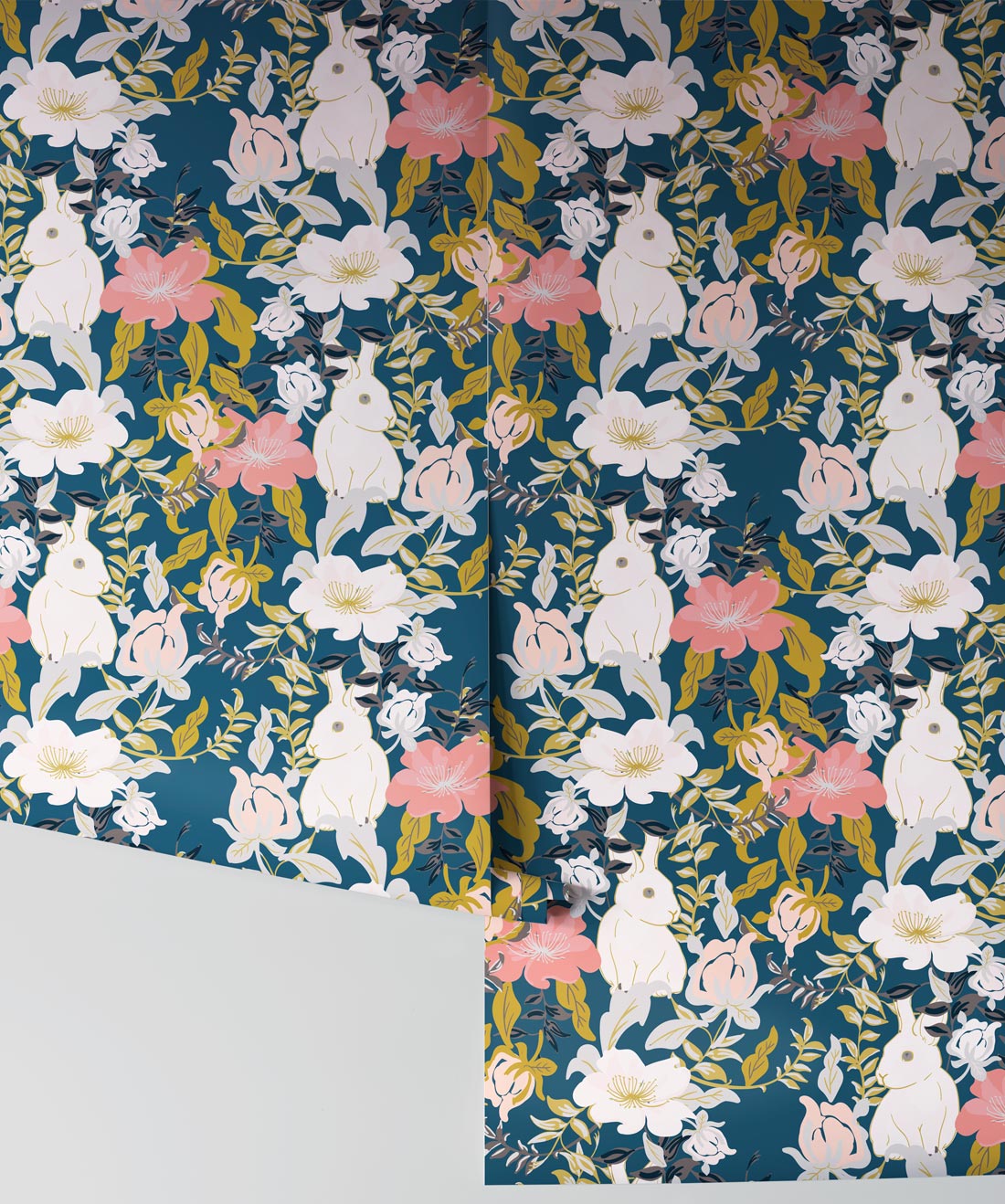 Garden Bunny Wallpaper, Deep Teal