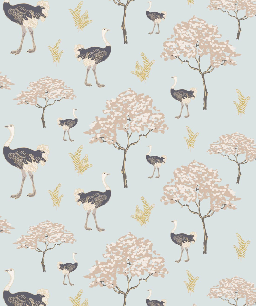 Savanna Ostrich Wallpaper, Brisk Blue