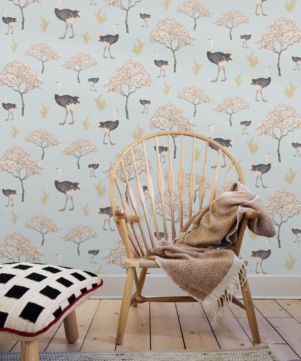 Savanna Ostrich Wallpaper, Brisk Blue