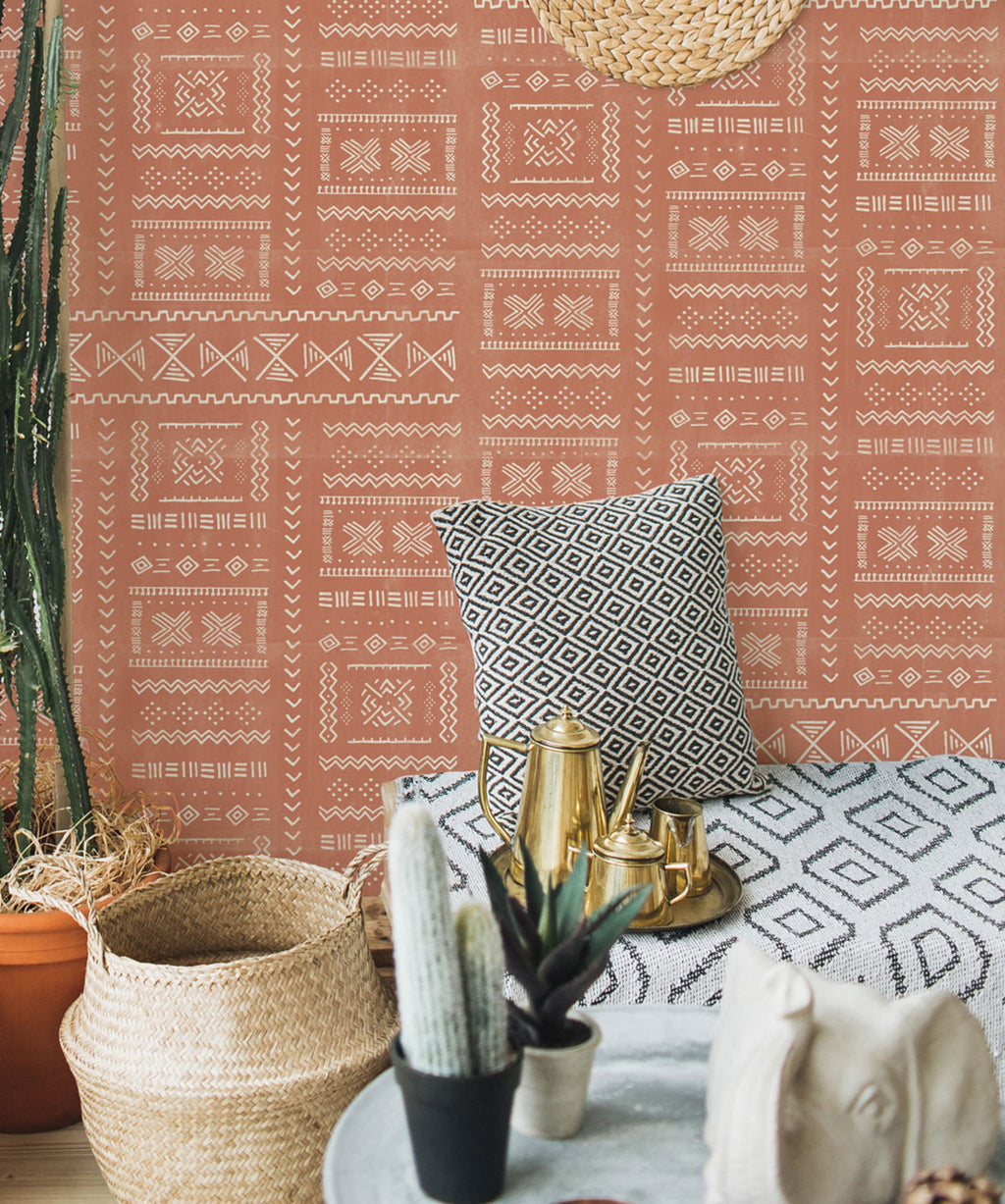 Tribal Mud Wallpaper, Terracotta