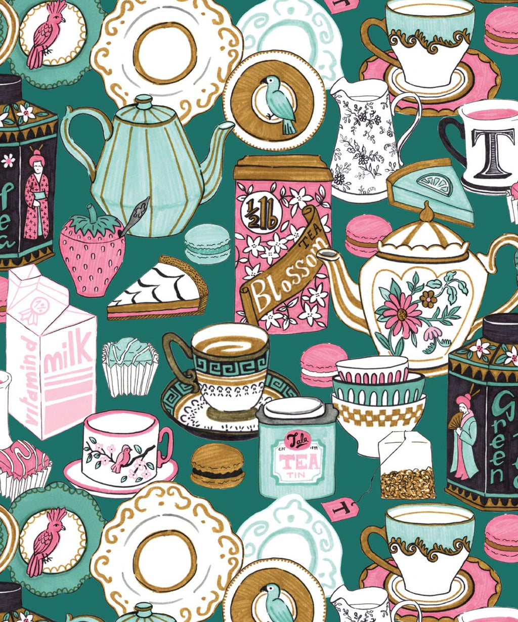 Tea Time Wallpaper, Teal