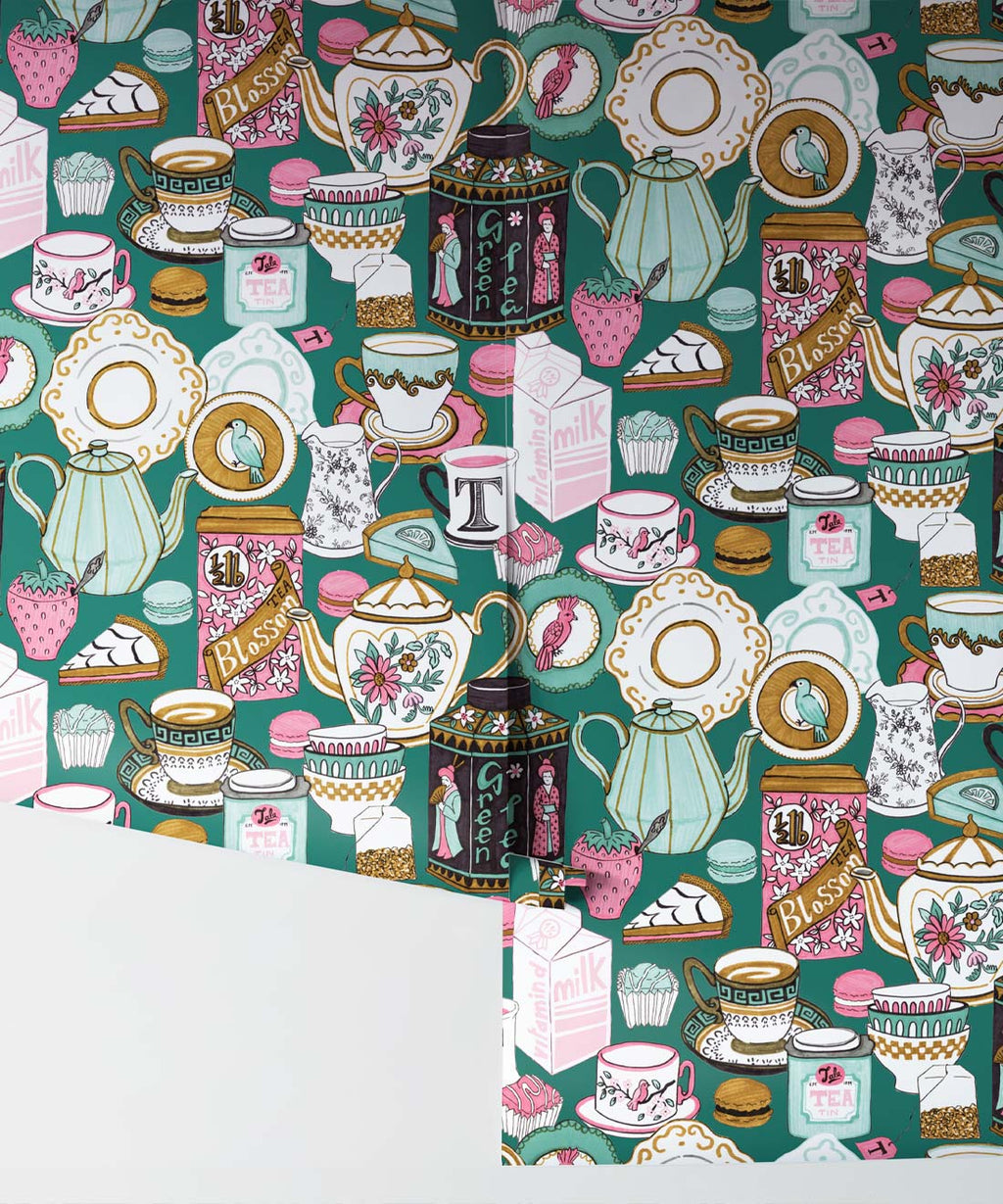 Tea Time Wallpaper, Teal