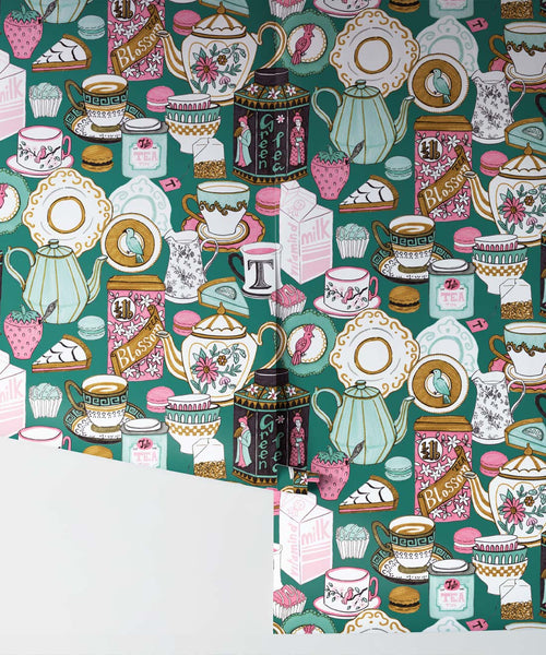 Tea Time Wallpaper, Teal