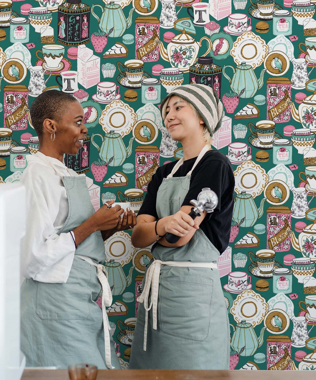 Tea Time Wallpaper, Teal