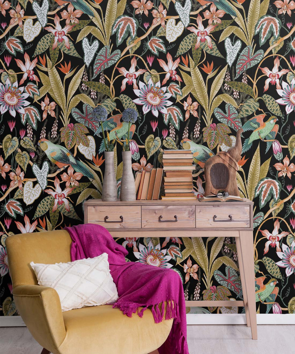 Parrot Jungle Wallpaper, Black