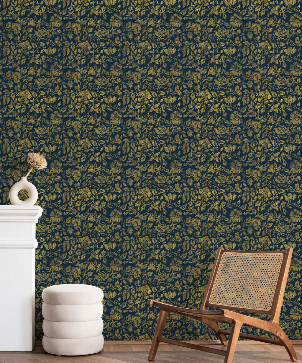 Damask Bloom Wallpaper, Prussian