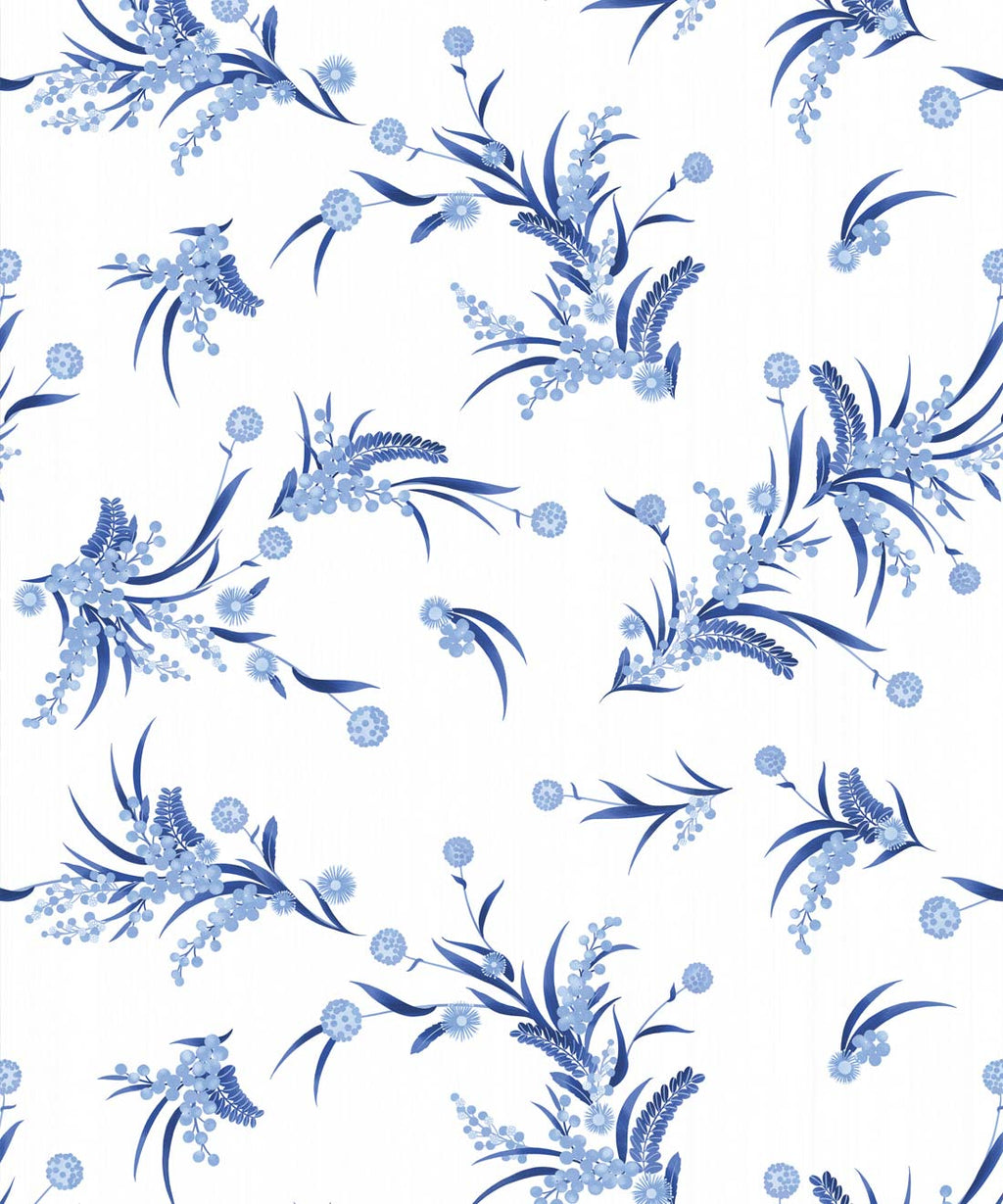 Wattle Wallpaper, Blue & White