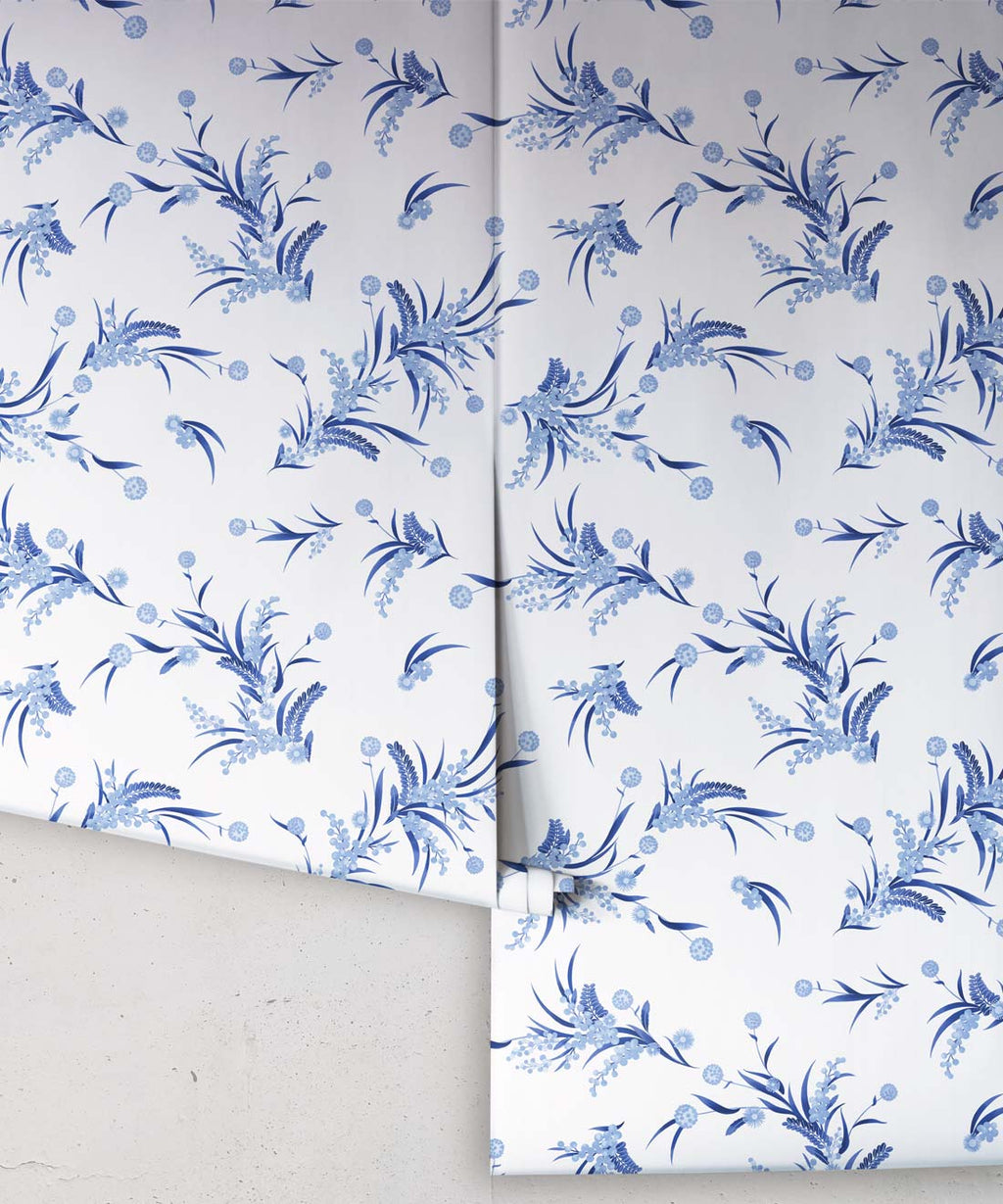 Wattle Wallpaper, Blue & White