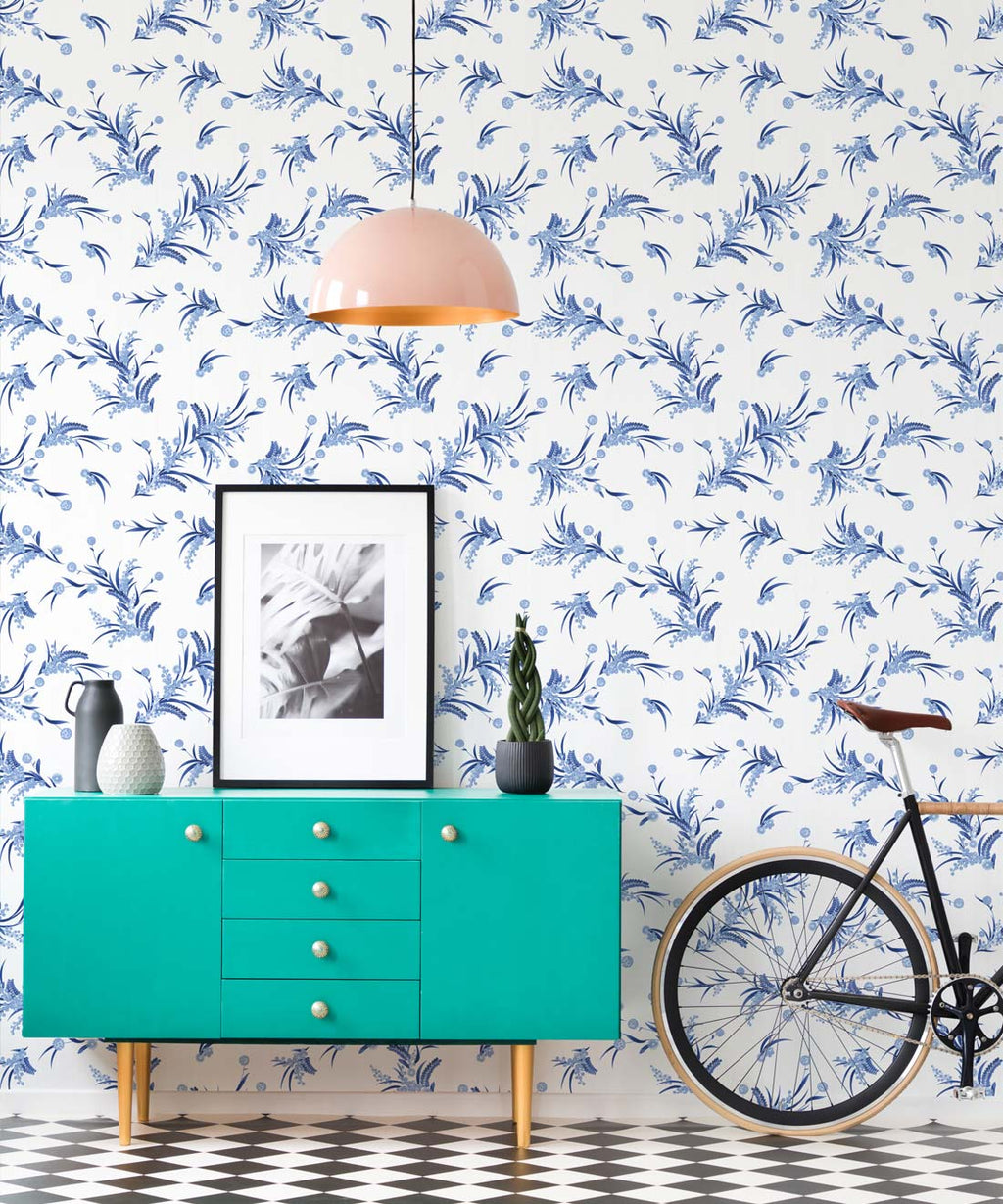 Wattle Wallpaper, Blue & White