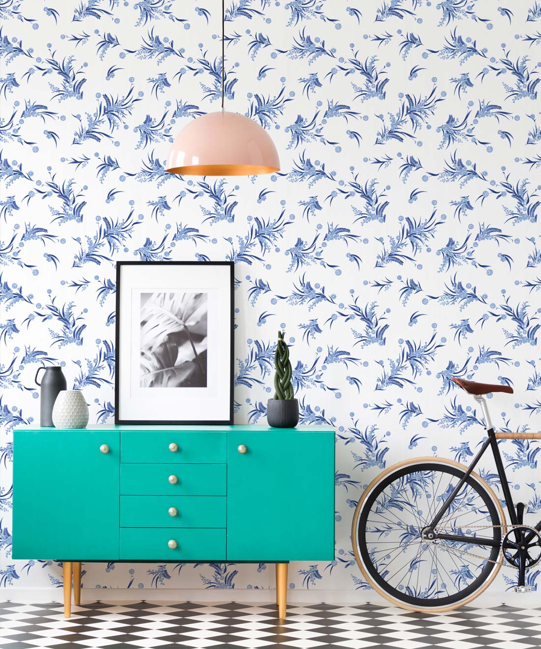 Wattle Wallpaper, Blue & White